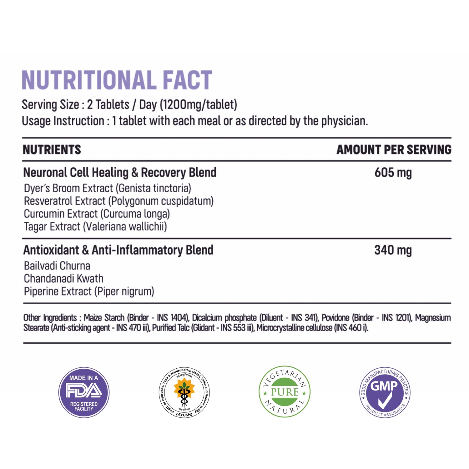 Onco bliss brain nutritional facts