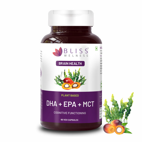 Bliss Welness BrainBliss Platinum Plant Based DHA+ EPA+ MCT  |  For Brain Heart & Eye Health Development Health Supplement - 60 Vegetarian Capsules