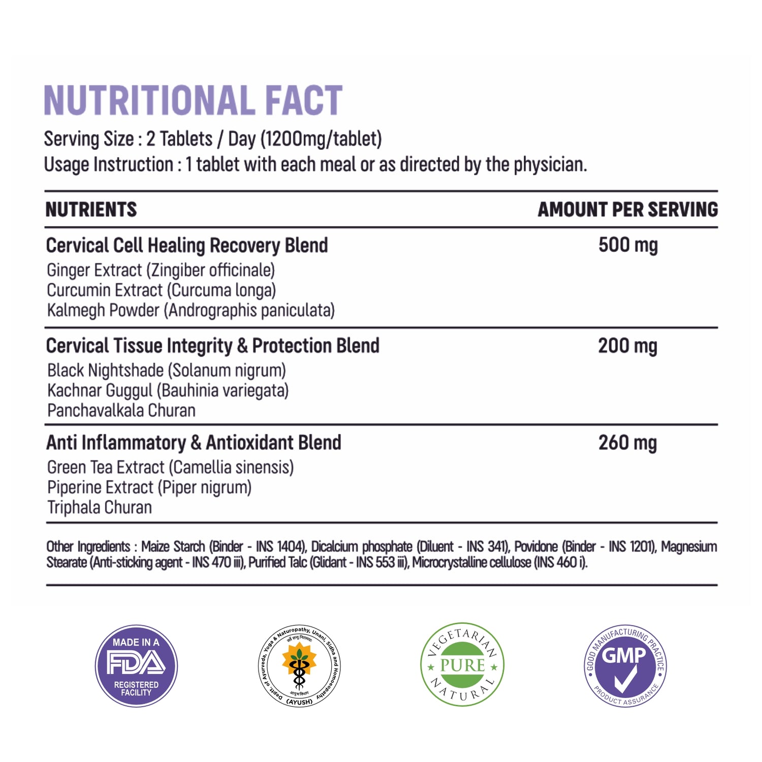 Nutritional fact label for a dietary supplement, showing serving size, usage instructions, and a table of nutrients including Cervical Cell Healing Recovery Blend (500 mg), Cervical Tissue Integrity & Protection Blend (200 mg), and Anti Inflammatory & Antioxidant Blend (260 mg). It also includes certification logos at the bottom.