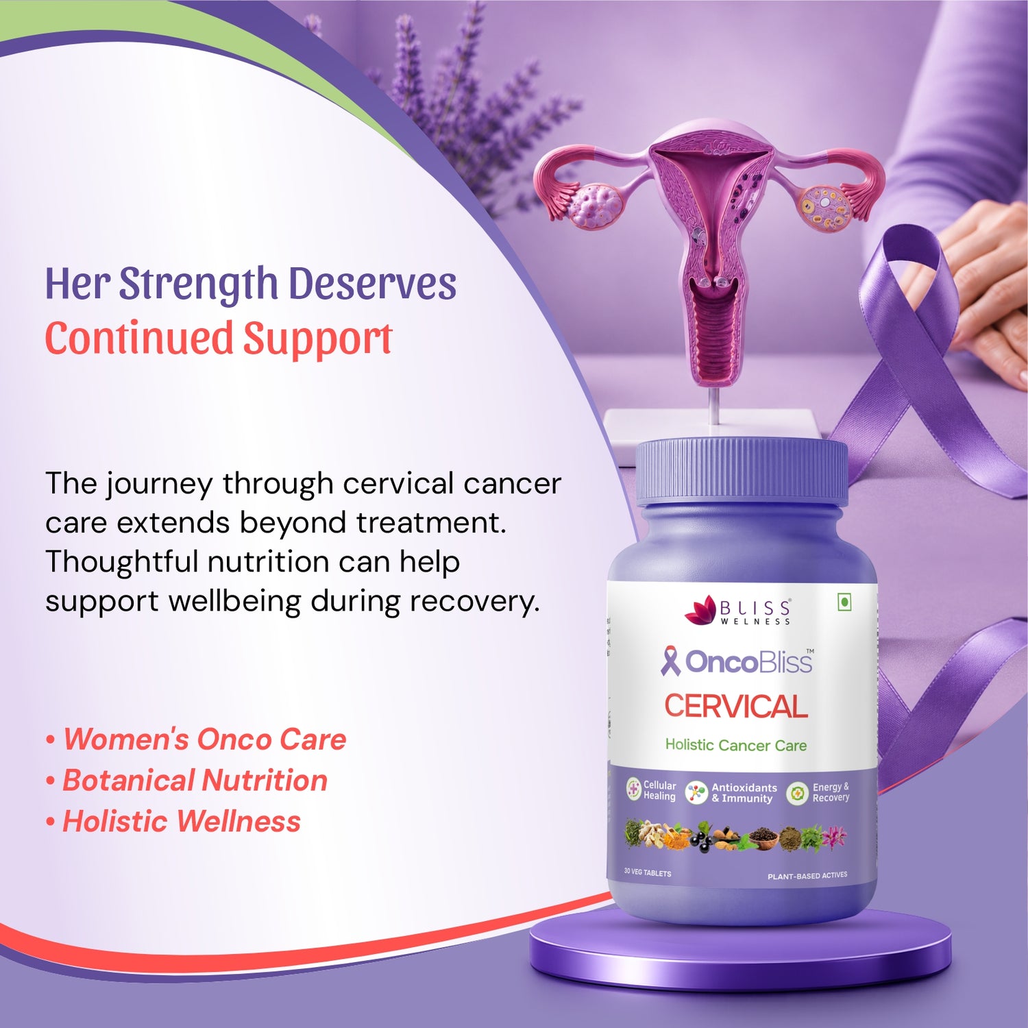OncoBliss Cervical Holistic Cancer Care supplement bottle displayed on a purple pedestal with a stylized uterus graphic and purple ribbon, alongside marketing text about women&
