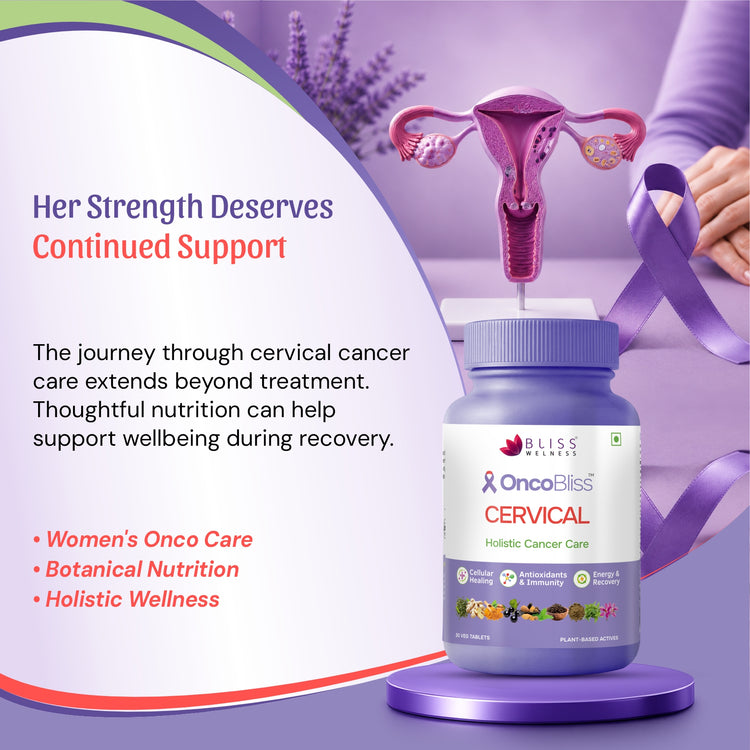 OncoBliss Cervical Holistic Cancer Care supplement bottle displayed on a purple pedestal with a stylized uterus graphic and purple ribbon, alongside marketing text about women&