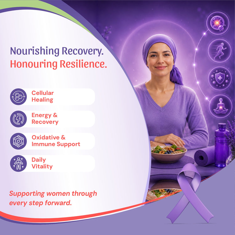 Promotional graphic for a purple recovery and wellness product, and a purple awareness ribbon. &