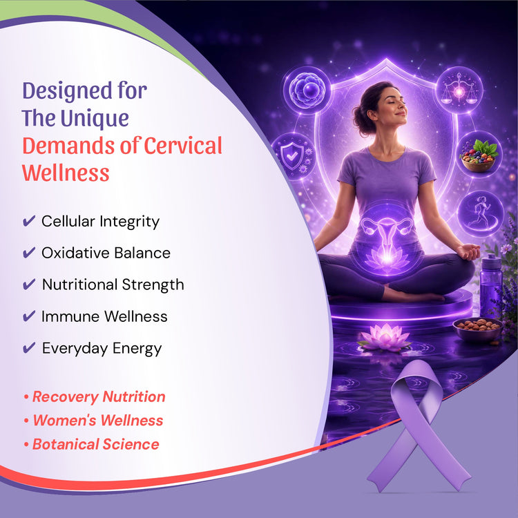 cervical wellness products, featuring a woman in a purple outfit meditating on a glowing platform. benefits such as cellular integrity, oxidative balance, nutritional strength, immune wellness, and everyday energy, with recovery nutrition, women&