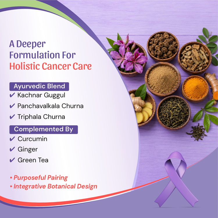  an ayurvedic holistic cancer care blend, featuring text on the left and bowls of various herbal powders, flowers, ginger, turmeric, and green tea on the right