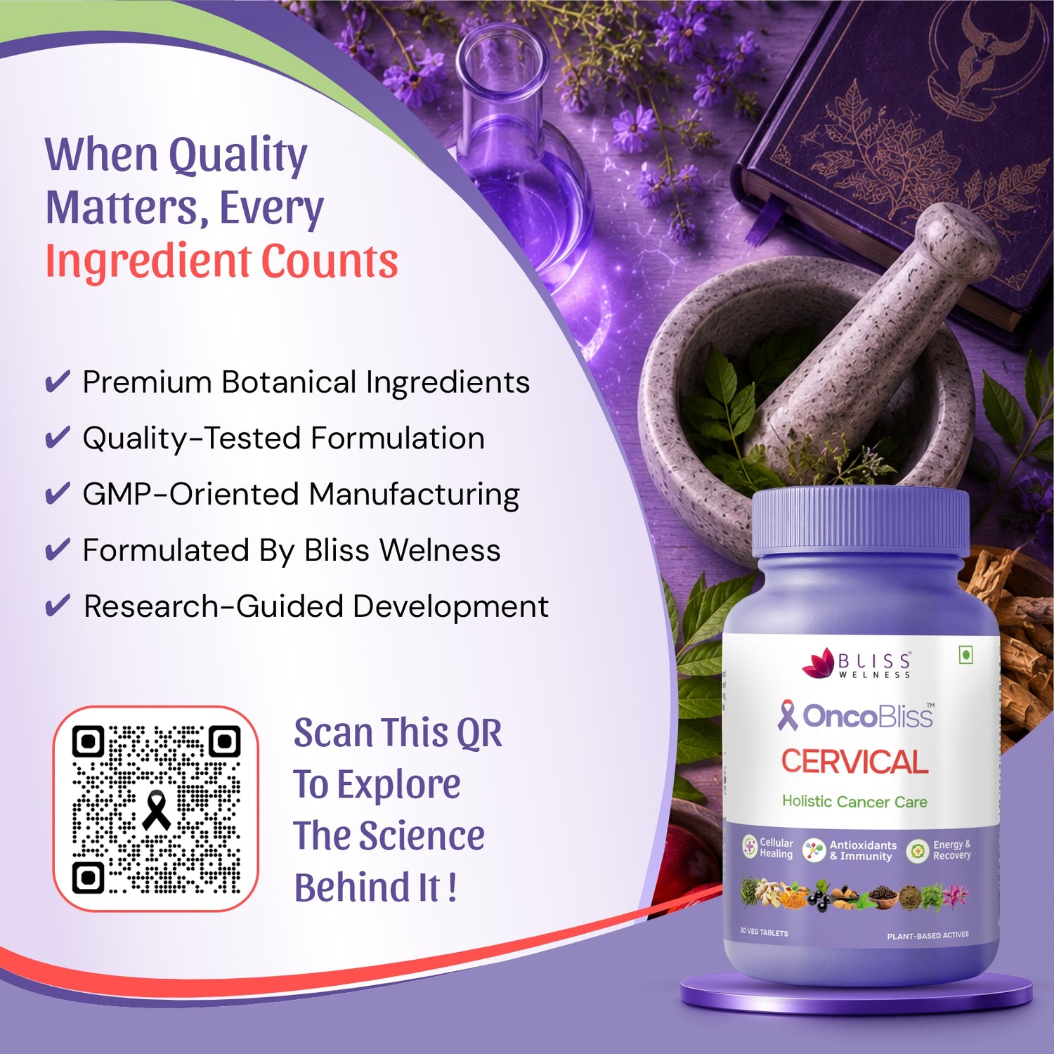 A supplement bottle labeled Bliss Wellness OncoBliss Cervical Holistic Cancer Care, shown on a purple promotional graphic with botanical ingredients, a mortar and pestle, and marketing text including a QR code.