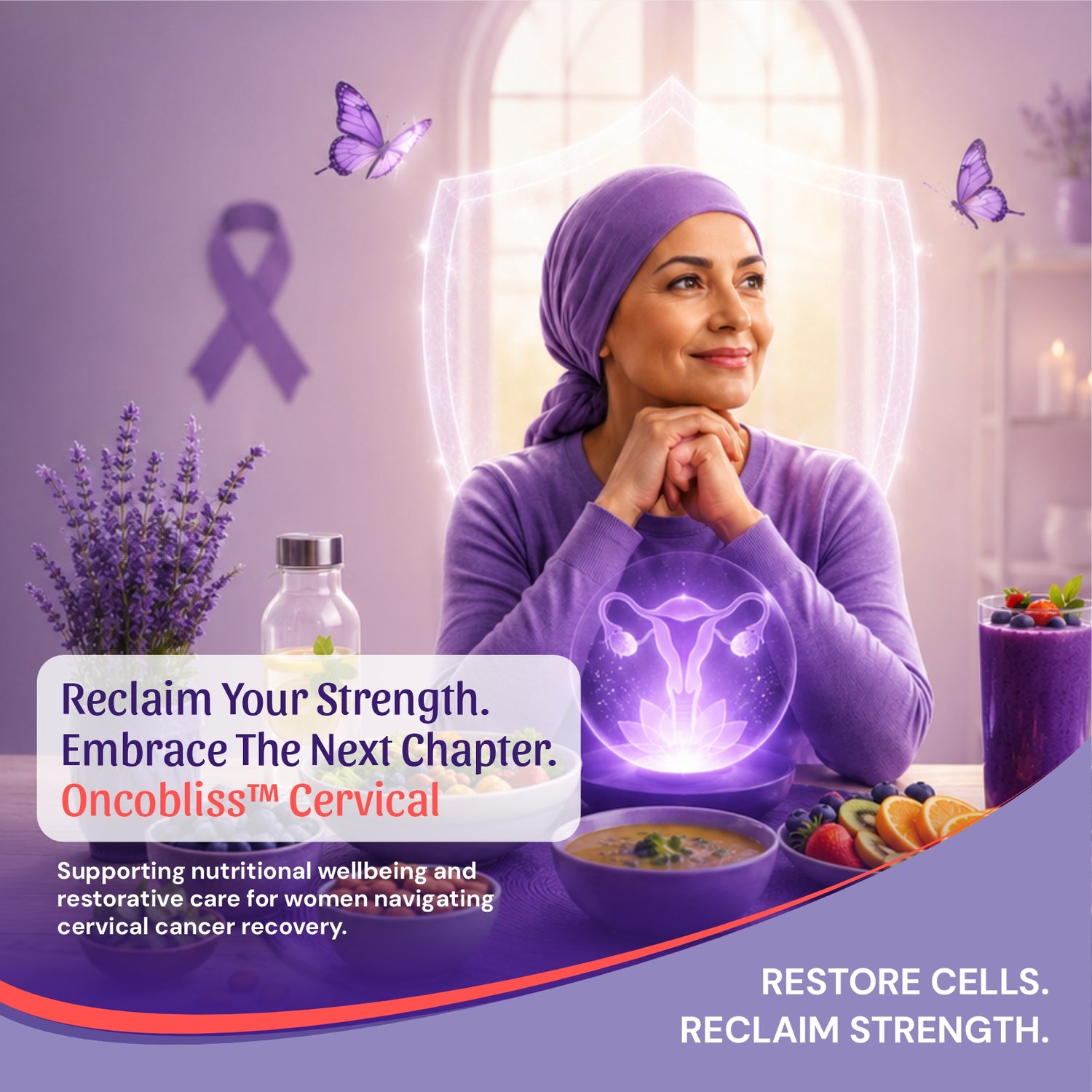 Oncobliss™ Cervical showing a woman in a purple headscarf and matching purple top seated at a table with a glowing purple womb symbol over a bowl of food. The scene includes lavender flowers, fruit, a bottle, a purple drink, butterflies, a purple awareness ribbon, and marketing text about restoring cells and reclaiming strength.