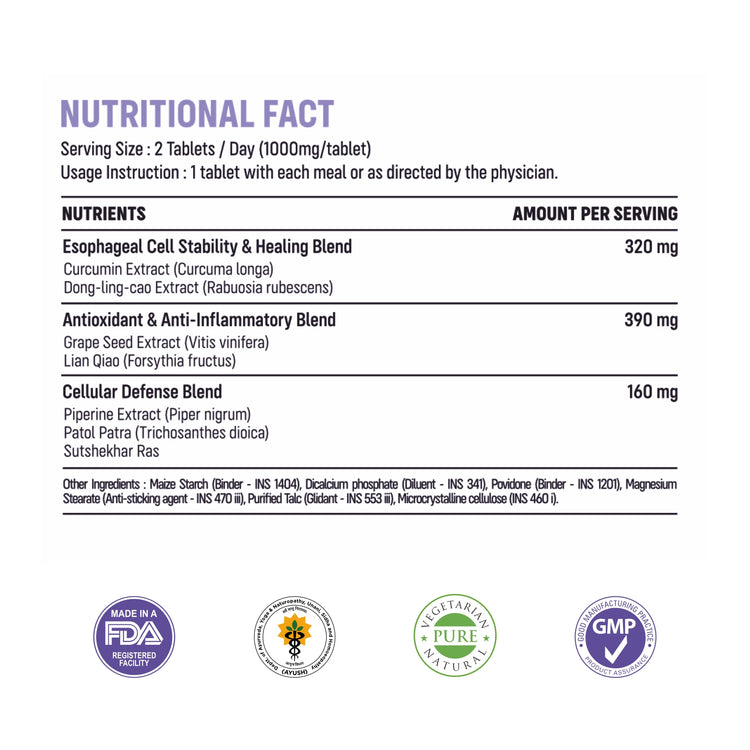 NUTRITIONAL FACT label for a dietary supplement, showing serving size, nutrients per serving, and certification logos at the bottom on a white background.