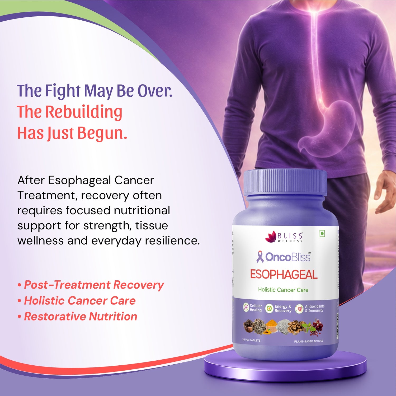 OncoBliss Esophageal Holistic Cancer Care supplement bottle displayed on a purple pedestal, with a purple-toned background showing part of a person&