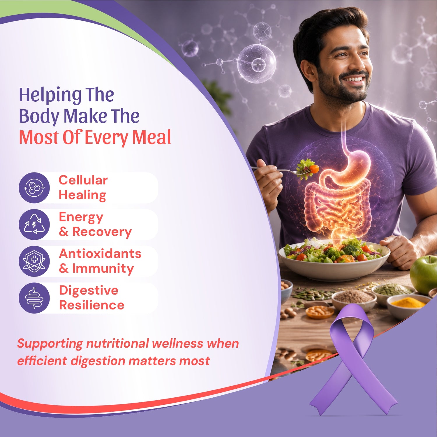 a meal with a glowing graphic of a digestive system on the front. The left side contains text about cellular healing, energy, antioxidants, and digestive resilience, along with a purple awareness ribbon.