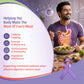 a meal with a glowing graphic of a digestive system on the front. The left side contains text about cellular healing, energy, antioxidants, and digestive resilience, along with a purple awareness ribbon.