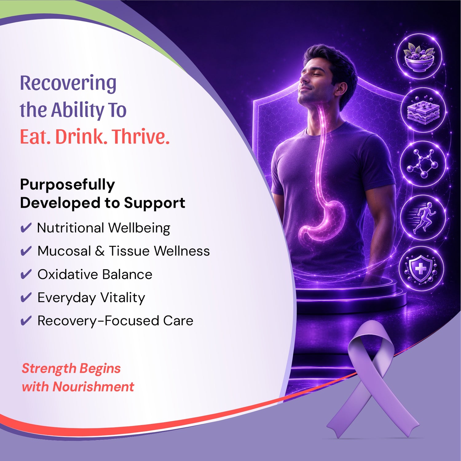 a recovery support product, featuring a purple-toned male figure with glowing digestive tract visualization, text about nutritional wellbeing and recovery care, a purple awareness ribbon, and small wellness icons on a dark purple background.
