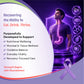a recovery support product, featuring a purple-toned male figure with glowing digestive tract visualization, text about nutritional wellbeing and recovery care, a purple awareness ribbon, and small wellness icons on a dark purple background.