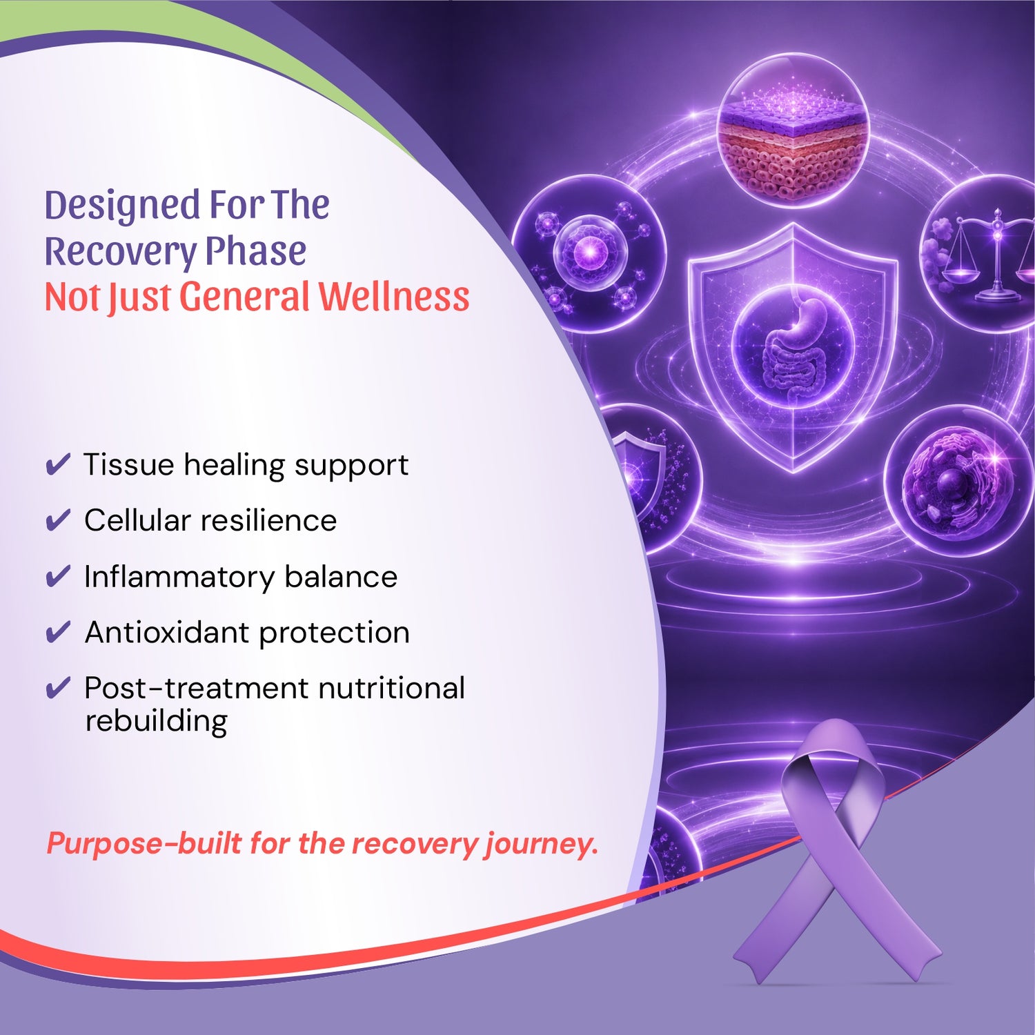recovery supplement, featuring a purple and lavender design with a recovery ribbon, glowing medical icons, and text highlighting benefits for the recovery phase.