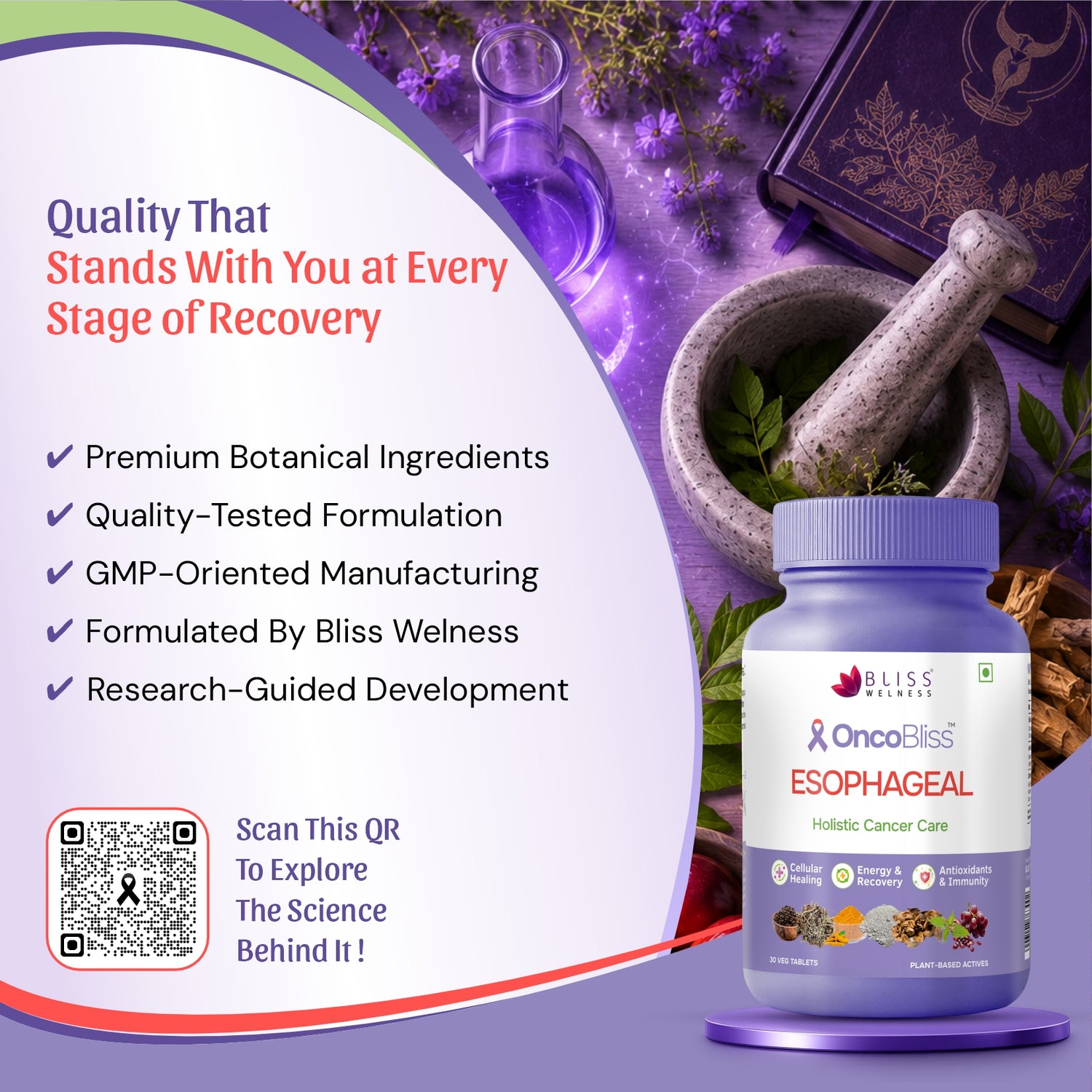 OncoBliss Esophageal Holistic Cancer Care supplement bottle shown on a purple promotional graphic with botanical ingredients, a mortar and pestle, and text highlighting quality and benefits.