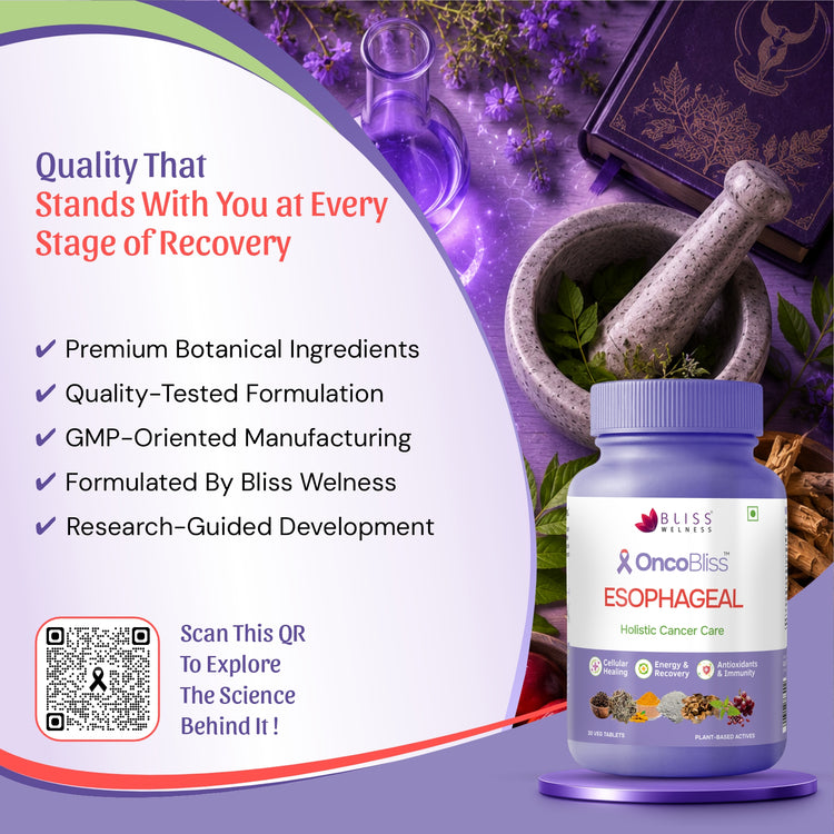 OncoBliss Esophageal Holistic Cancer Care supplement bottle shown on a purple promotional graphic with botanical ingredients, a mortar and pestle, and text highlighting quality and benefits.