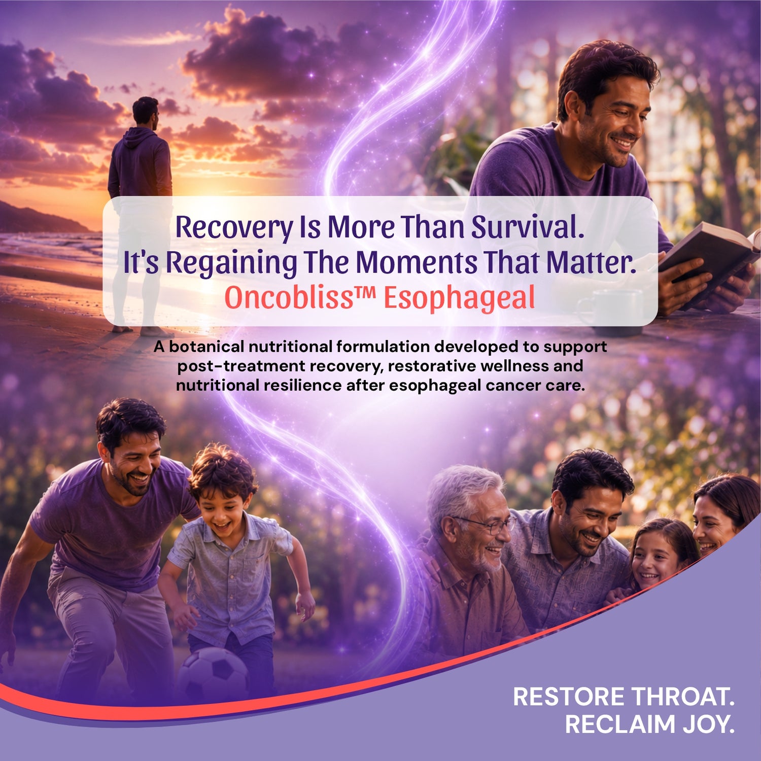 Oncobliss Esophageal, featuring multiple family and individual portraits over a sunset beach scene with purple glowing abstract lines and text about recovery and throat restoration.