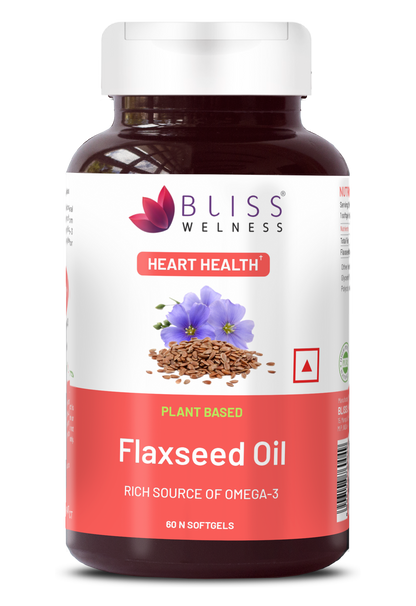 Bliss Welness CardioBliss Natural Organic Flaxseed Oil 2000MG Omega 3 6 9 Cold Pressed Heart Brain Eye Skin Health Supplement - 60 Softgel Capsule