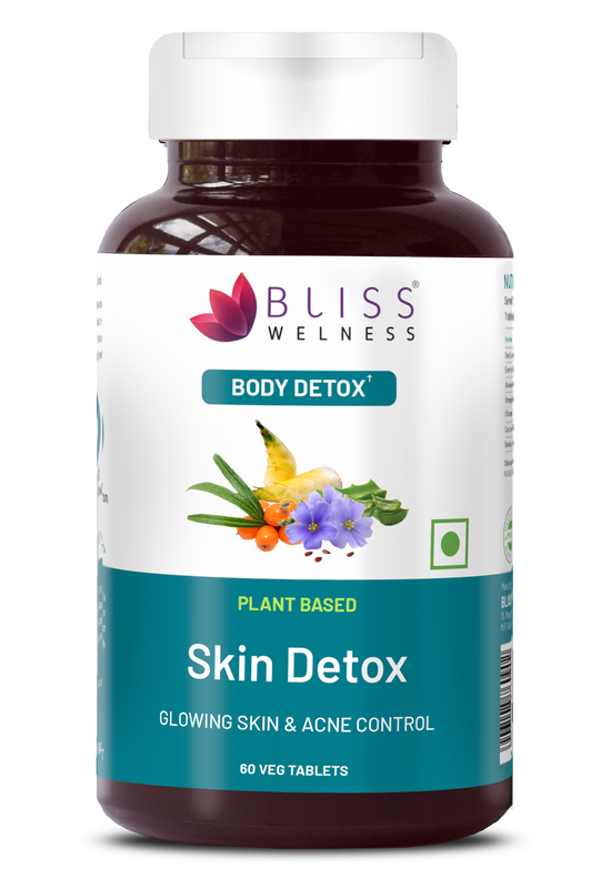 Bliss Welness DetoxBliss Skin Detox Radiance Glow | Sea Buckthorn Evening Primrose Aloe Vera Curcumin | Anti Acne Pimple Control Blood Purification Toxins Removal Herbal Supplement - 60 Veg Tablets