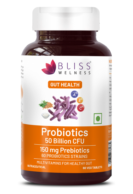 Bliss Welness GutBliss Gold Probiotics Multivitamin | Vitamin A C E Probiotics | Stomach Health Digestion Metabolism Toxin Removal Acidity Gas Control Herbal Supplement - 60 Veg Tablets Supplement