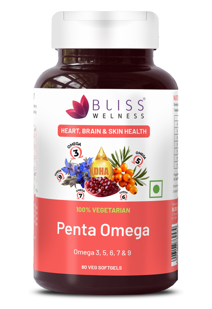 Bliss Welness Penta Omega | 3 5 6 7 9 Fatty Acids Blend with Natural Antioxidants | Advanced Formula for Heart, Brain, Skin, Joints & Metabolism | 60 Softgels | Vegetarian Source