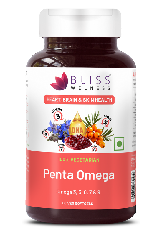Bliss Welness Penta Omega | 3 5 6 7 9 Fatty Acids Blend with Natural Antioxidants | Advanced Formula for Heart, Brain, Skin, Joints & Metabolism | 60 Softgels | Vegetarian Source