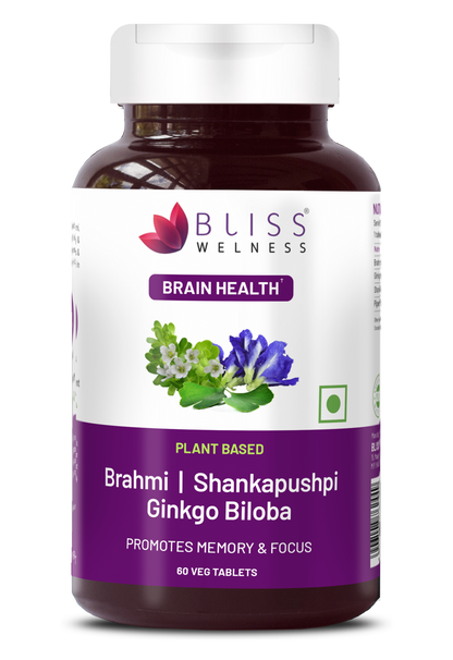 Bliss Welness BrainBliss health tablet for Memory Focus Mood | Brahmi Shankpushpi Ginkgo Biloba & Piperine | Cognitive Development Alertness Anti Anxiety Supplement - 60 Veg Tablets