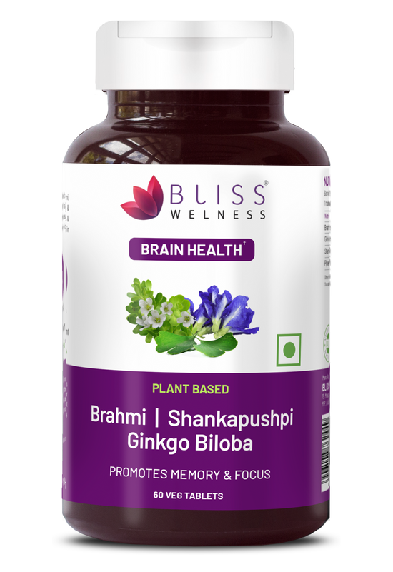 Bliss Welness BrainBliss health tablet for Memory Focus Mood | Brahmi Shankpushpi Ginkgo Biloba & Piperine | Cognitive Development Alertness Anti Anxiety Supplement - 60 Veg Tablets