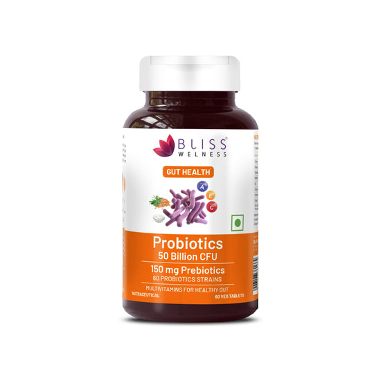 Bliss Welness GutBliss Gold Probiotics Multivitamin | Vitamin A C E Probiotics | Stomach Health Digestion Metabolism Toxin Removal Acidity Gas Control Herbal Supplement - 60 Veg Tablets Supplement