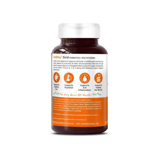 Bliss Welness GutBliss Gold Probiotics Multivitamin | Vitamin A C E Probiotics | Stomach Health Digestion Metabolism Toxin Removal Acidity Gas Control Herbal Supplement - 60 Veg Tablets Supplement