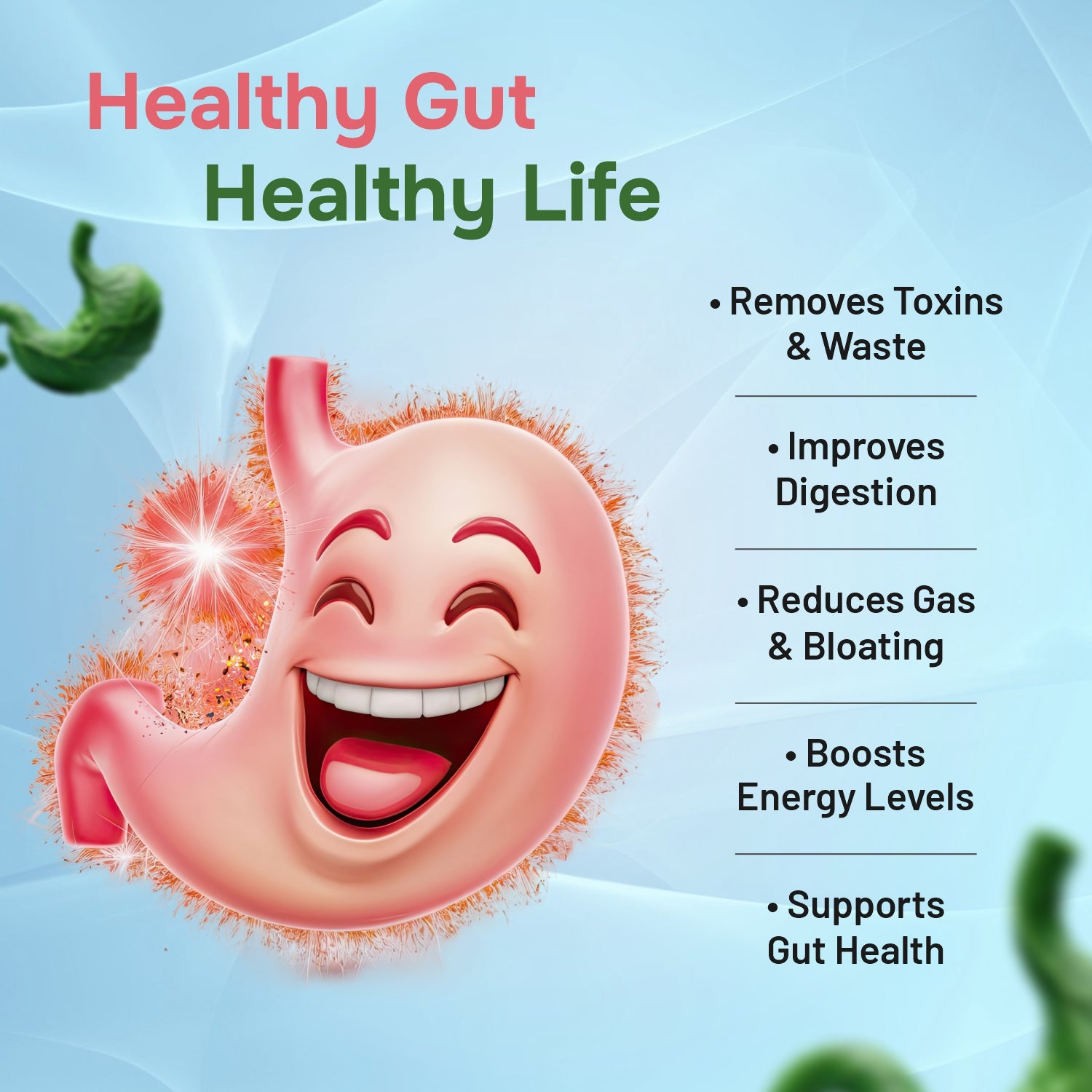 Cartoon illustration of a smiling gut with benefits