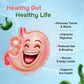 Cartoon illustration of a smiling gut with benefits