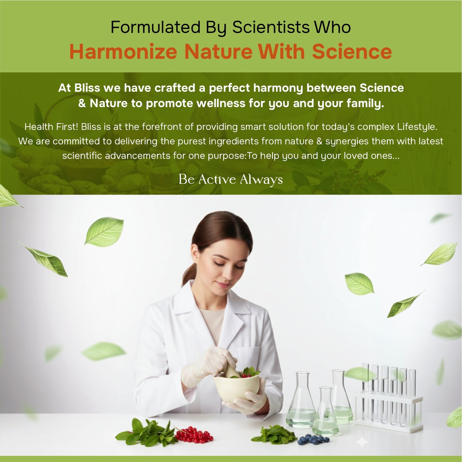 bowl of vegetables with text about harmonizing nature with science 