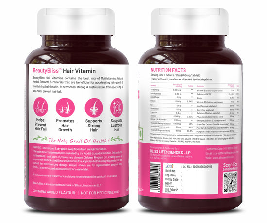 Bliss Welness BeautyBliss Hair Vitamins with Omega-3 + Bhringraj + Green Tea + Phytosterols| For Stronger, Better & Fast Hair Growth- 60 Veg Tabs