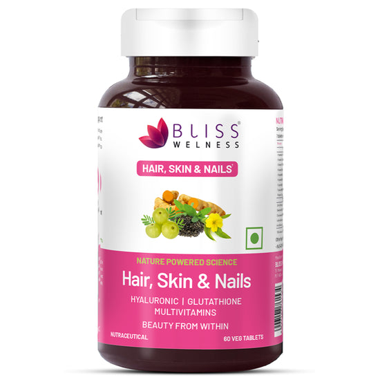 Bliss Welness BeautyBliss Hair Skin & Nail Vitamin | Hyaluronic Acid + Glutathione + Biotin + Curcumin + Multivitamins | For Stronger Hair Growth, Healthier Nails & Supple Skin | Vegetarian Supplement – 60 Veg Tablets