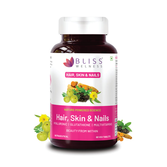 Bliss Welness BeautyBliss Hair Skin & Nail Vitamin | Hyaluronic Acid + Glutathione + Biotin + Curcumin + Multivitamins | For Stronger Hair Growth, Healthier Nails & Supple Skin | Vegetarian Supplement – 60 Veg Tablets