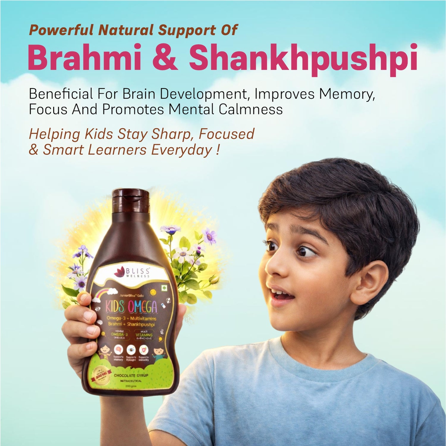 Bliss Naturals Kids Omega with text about Brahmi and Shankhpushpi benefits 