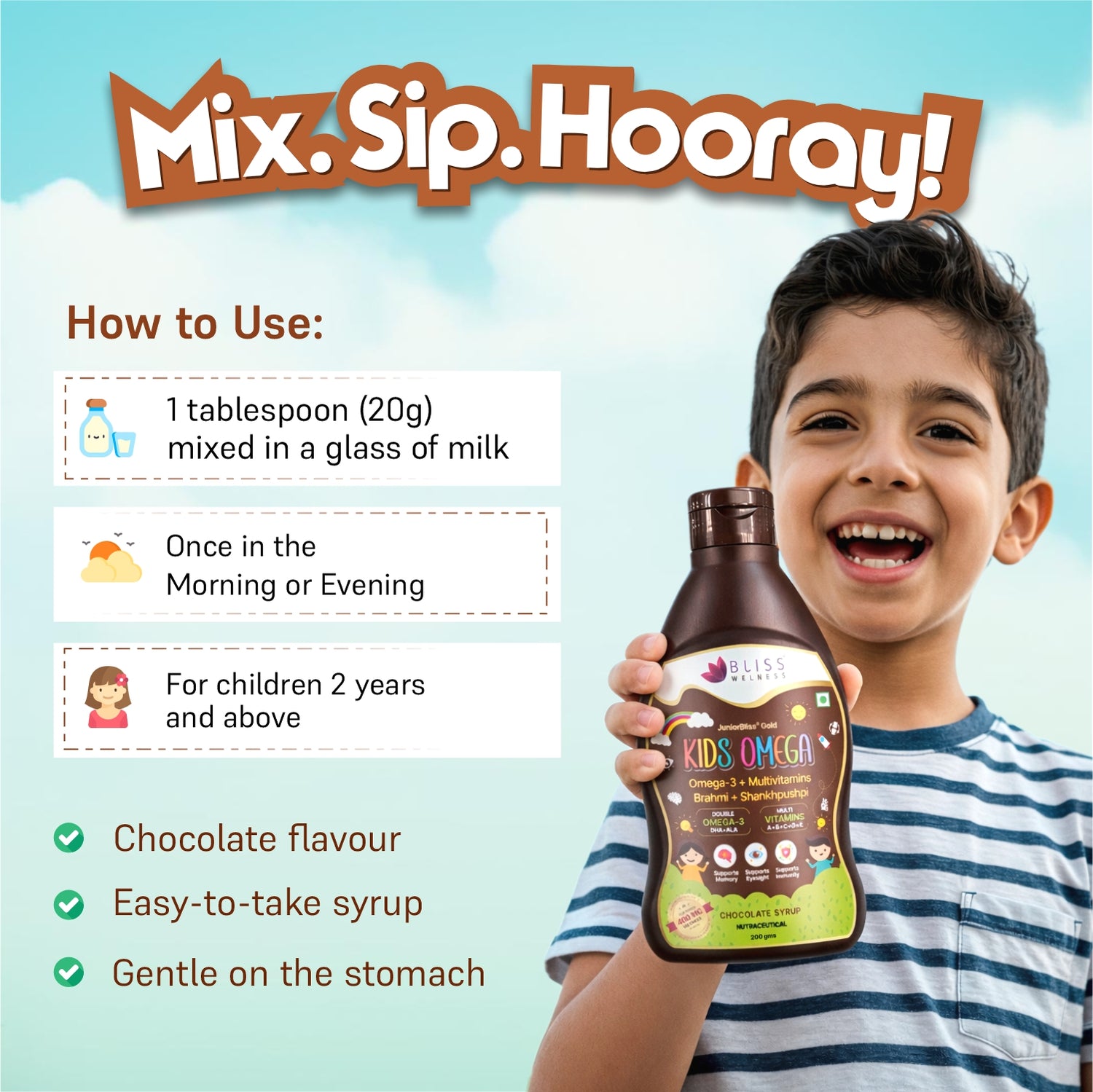 Bottle of Kids Omega with usage instructions and product details