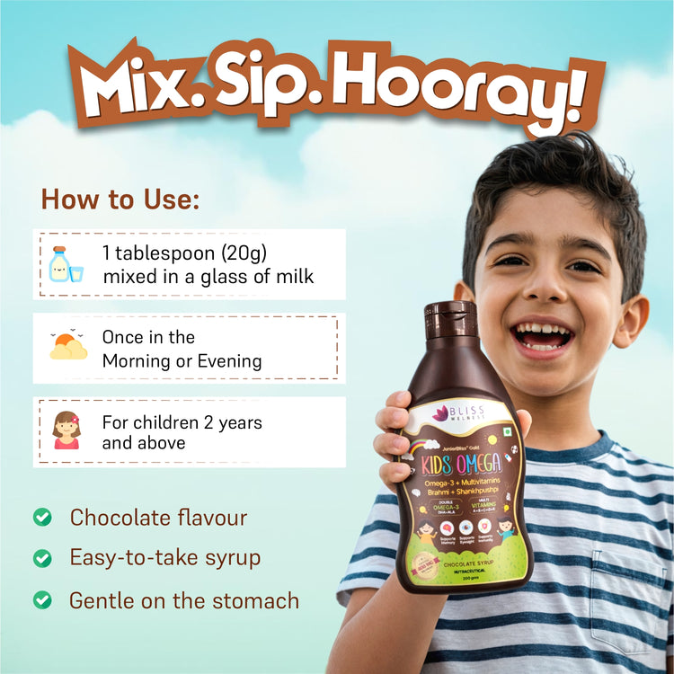 Bottle of Kids Omega with usage instructions and product details