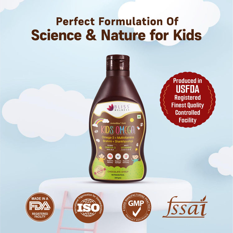 Bottle of Kids Omega supplement with certification logo