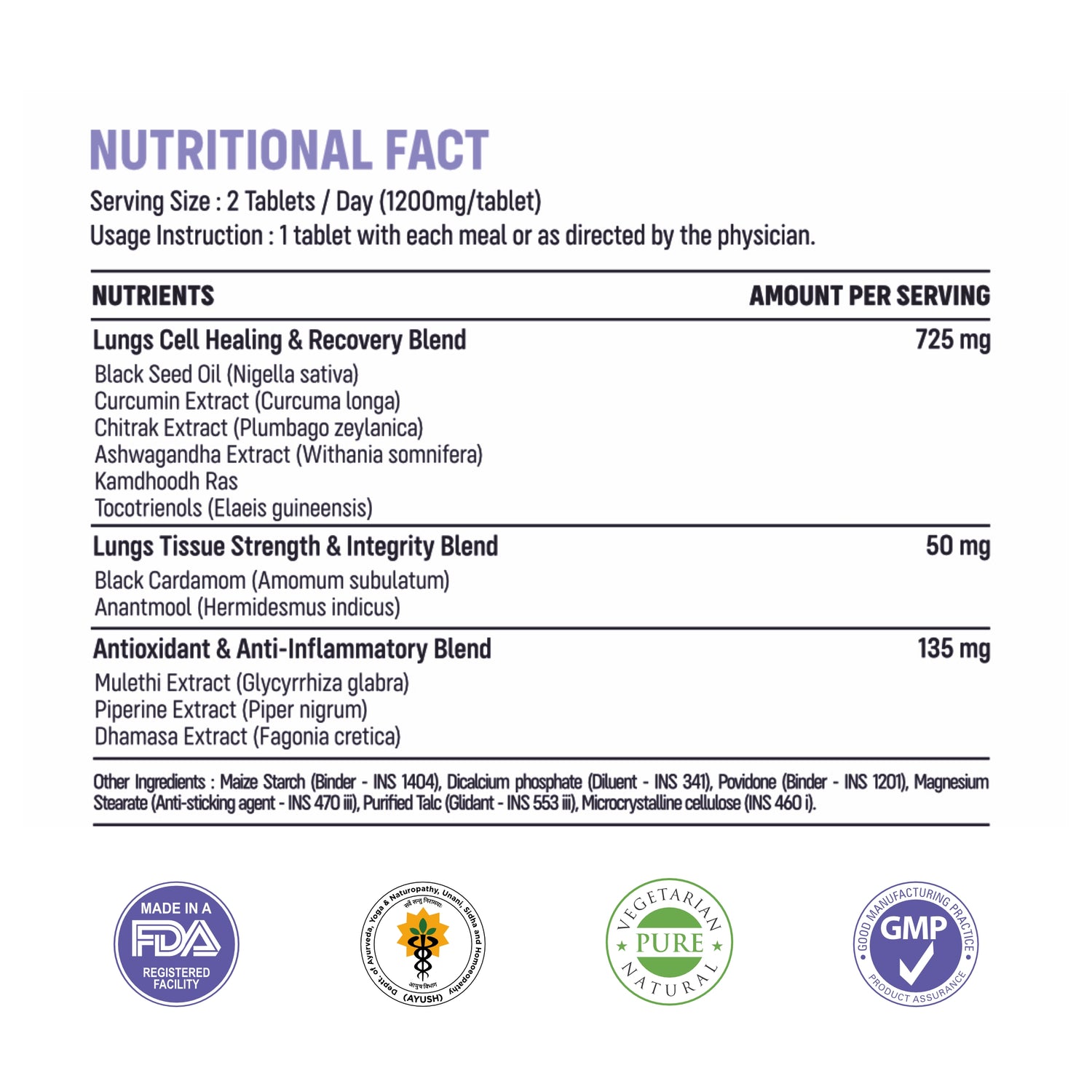 NUTRITIONAL FACT label for a lung support supplement, showing serving size, usage instructions, a table of ingredients and amounts per serving, and several certification logos at the bottom on a white background.