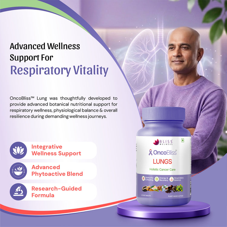 OncoBliss Lung Holistic Cancer Care supplement displayed on a purple pedestal, with a man in a purple sweater standing behind it against a purple medical-themed background.highlights respiratory support and wellness benefits.