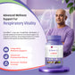 OncoBliss Lung Holistic Cancer Care supplement displayed on a purple pedestal, with a man in a purple sweater standing behind it against a purple medical-themed background.highlights respiratory support and wellness benefits.