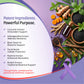 wellness supplement featuring a list of potent ingredients on the left and an ingredient arrangement on the right, including turmeric, ashwagandha, black seed oil, cinnamon, and a purple ribbon, all over a purple background.