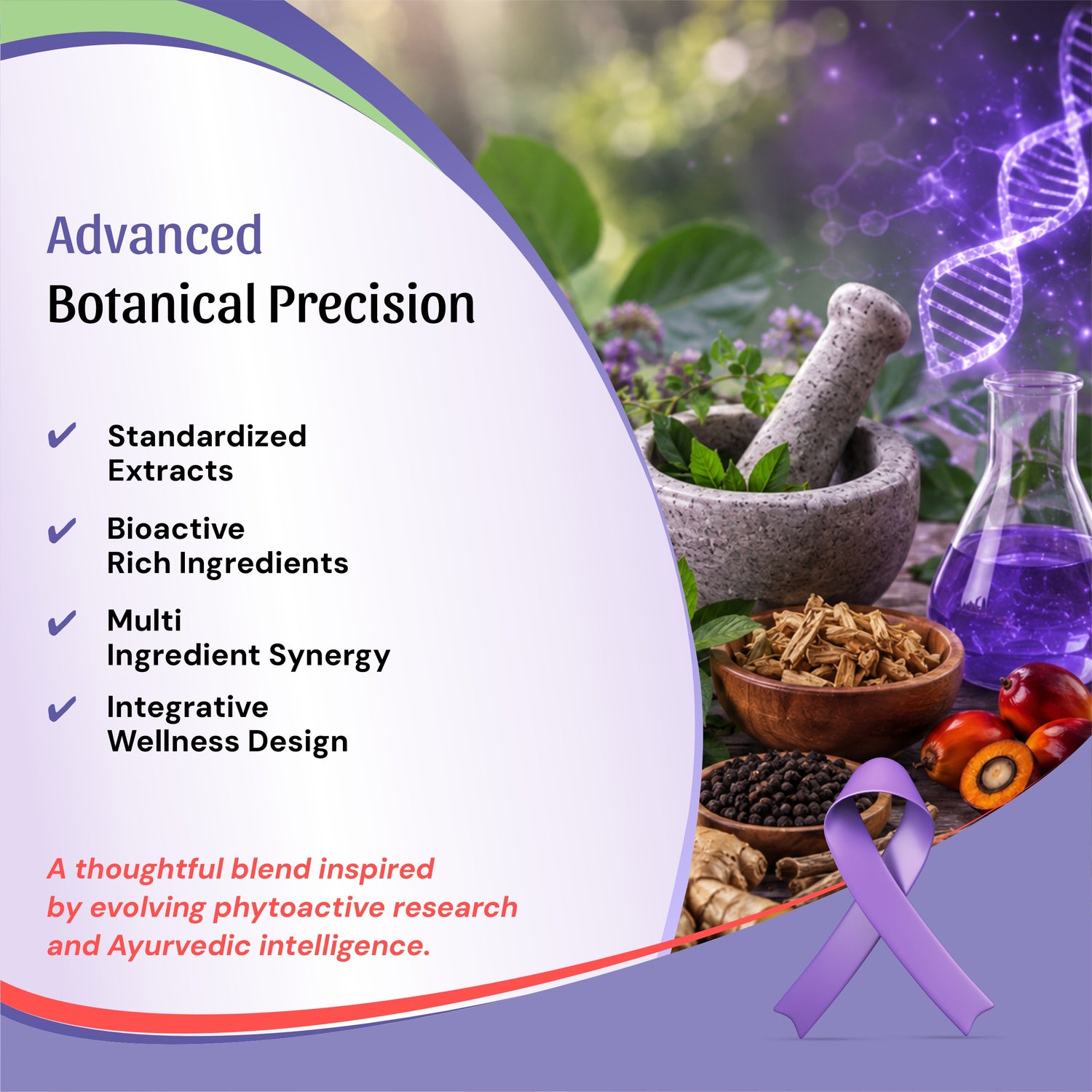 Advanced Botanical Precision, featuring a white left panel with text and a right-side wellness scene with herbs, a mortar and pestle, a glass flask with purple liquid, and a purple awareness ribbon on a purple background.