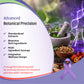 Advanced Botanical Precision, featuring a white left panel with text and a right-side wellness scene with herbs, a mortar and pestle, a glass flask with purple liquid, and a purple awareness ribbon on a purple background.