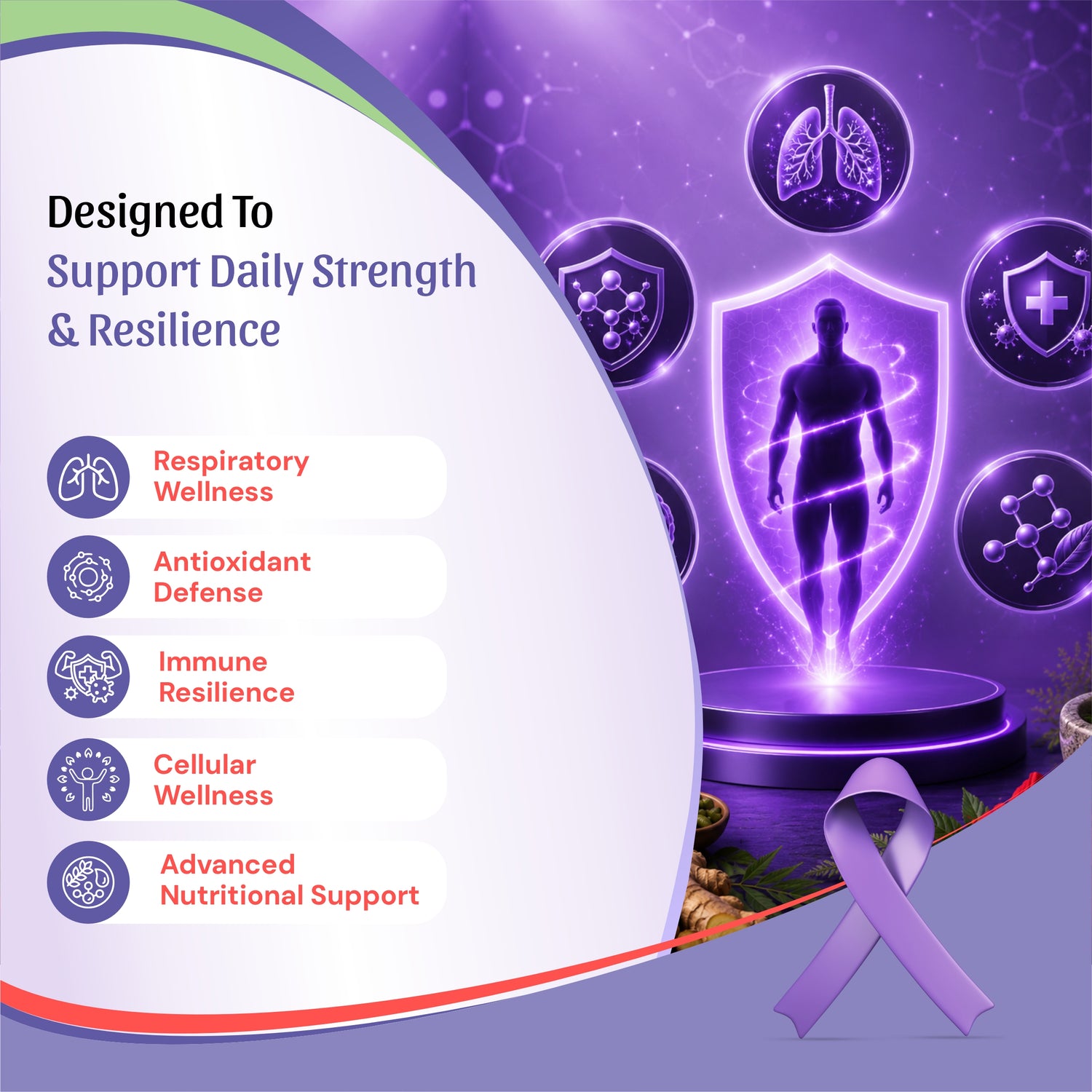 supplement or health support product, featuring a purple and lavender design with a human silhouette inside a glowing shield, surrounded by icons for lungs, immunity, cellular health, and nutrition. Text on the left reads &