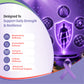 supplement or health support product, featuring a purple and lavender design with a human silhouette inside a glowing shield, surrounded by icons for lungs, immunity, cellular health, and nutrition. Text on the left reads &
