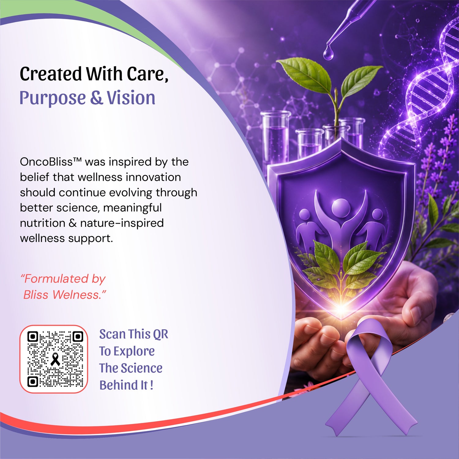 OncoBliss with text on the left and a stylized illustration on the right showing hands holding a purple shield with a plant growing from it, DNA strands, test tubes, and a purple awareness ribbon.