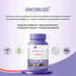 OncoBliss Lungs Holistic Cancer Care supplement bottle on a purple and lavender background with marketing text and certification logos.