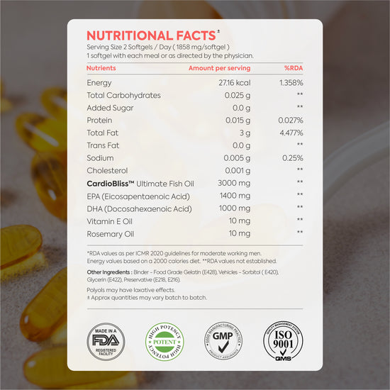 Nutritional facts for CardioBliss Ultimate Fish Oil.
